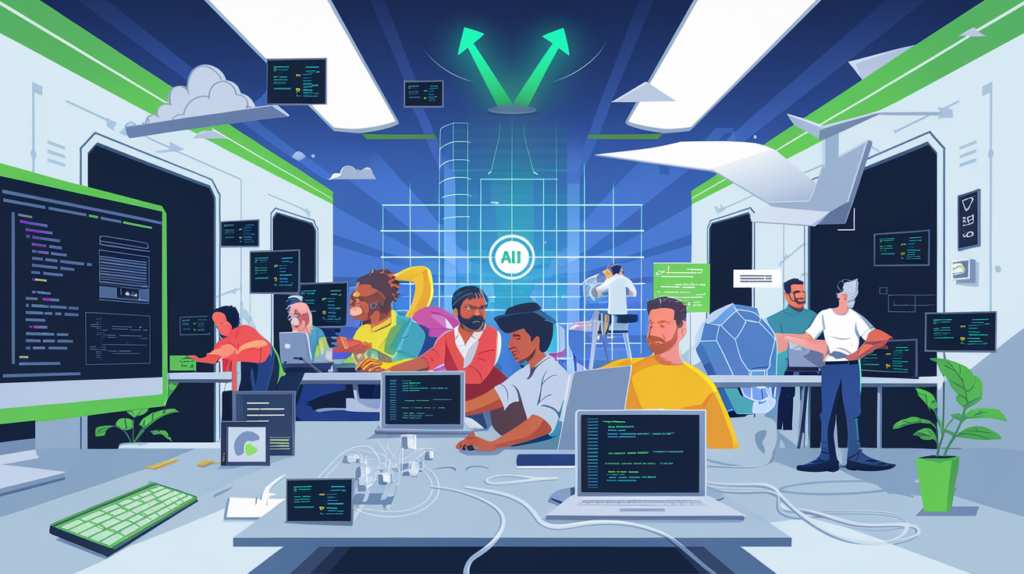 A futuristic workspace dominated by the theme of artificial intelligence. Multiple individuals, each engrossed in their tasks, are scattered across the room. Large monitors display code, while a central screen prominently displays the word 'AI'. The room is adorned with floating screens, green arrows, and a myriad of technological devices. The color palette is dominated by shades of blue and green, giving the space a tech-forward ambiance.