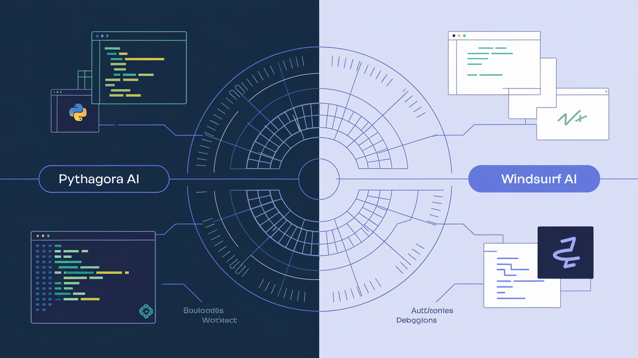 A graphical representation of two AI platforms, 'Pythagora AI' and 'Windsurf AI'. On the left side, 'Pythagora AI' is depicted with a Python code window, a 'Built on Workflows' label, and an 'Authorities Decisions' label. On the right side, 'Windsurf AI' is represented with a set of documents, a 'Built on Transformers' label, and an 'Authorities Decisions' label. The two platforms are connected by a radial design, suggesting a relationship or integration between them.