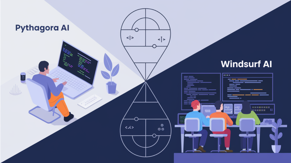 A split design with two primary sections. On the left, labeled 'Pythagora AI', there's a person seated at a desk with a laptop displaying code. The desk has a plant, a cup, and some papers. On the right, labeled 'Windsurf AI', there are three individuals gathered around a table with multiple monitors displaying code. The background of both sections is a gradient of blue and white.