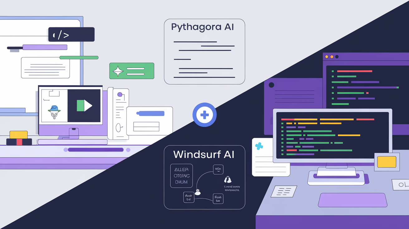 A split design, with the left side representing 'Windsurf AI' and the right side representing 'Pythagora AI'. On the left, there's a computer monitor displaying a diagram with the text 'Windsurf AI' and various icons like a windsurf board, a sun, and a wave. The desk has a keyboard, mouse, and some papers. On the right, there's another monitor displaying lines of code, with the title 'Pythagora AI'. The desk here has a computer mouse, a keyboard, and some papers. The two sections seem to be connected by a blue circle with a '+' sign in the middle.